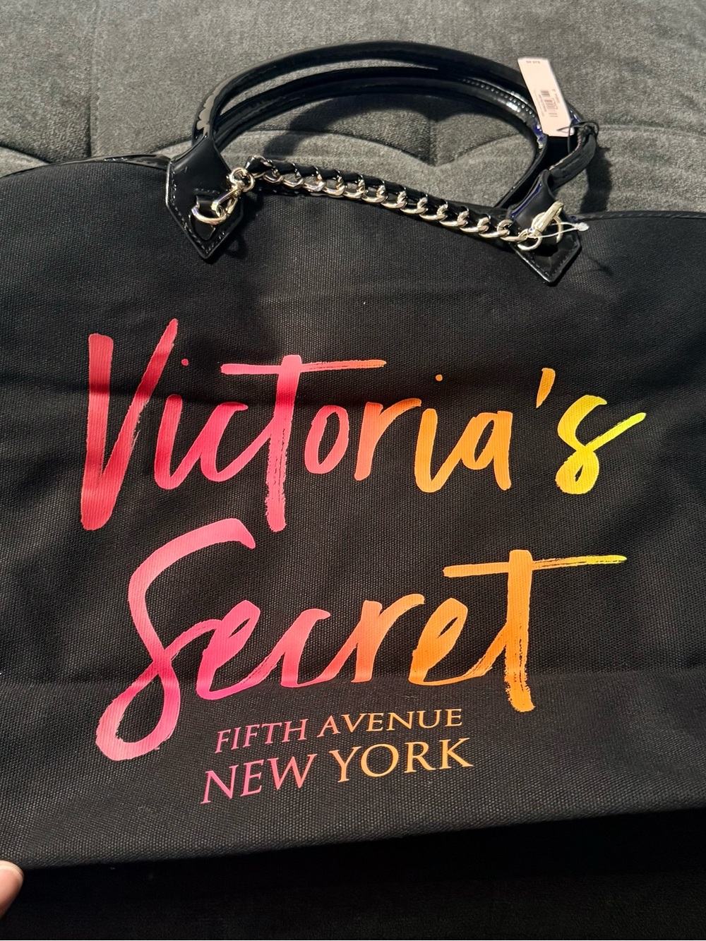 Victoria's Secret Black Tote with Pink-Orange-Yellow Gradient Logo